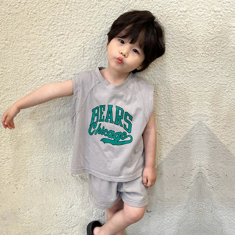 ノースリーブセットアップ grey / 12M 80cm キッズセットアップ 2点セット ノースリーブTシャツ+ショートパンツ レターロゴプリント 2カラー