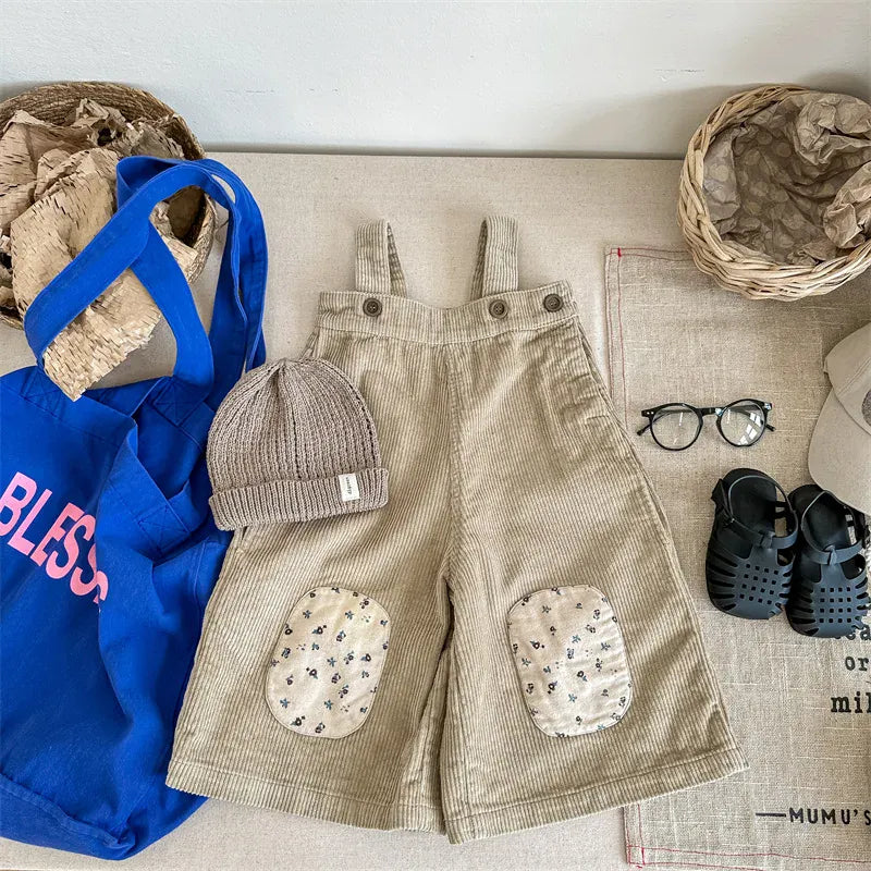 サロペットパンツ・サスペンダーパンツ khaki / 12M 80cm キッズサロペット コーデュロイサスペンダーパンツ ワイドルーズ 膝パッチ ブルー カーキ 2カラー