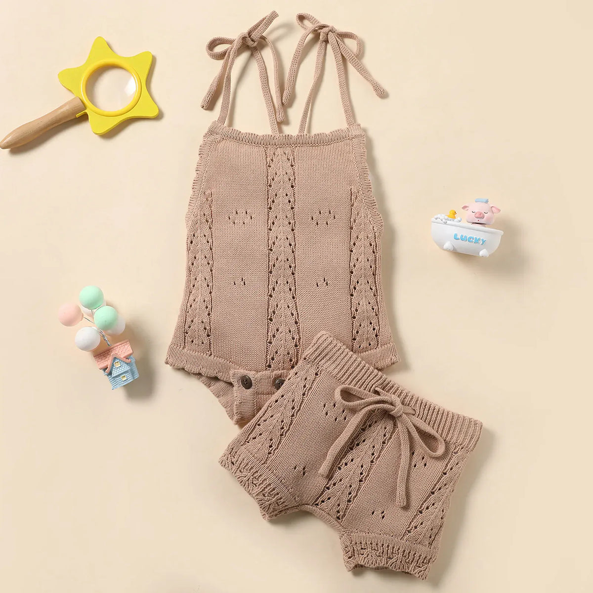 ベビー用ニットキャミロンパース&ショートパンツセット(ブラウン)