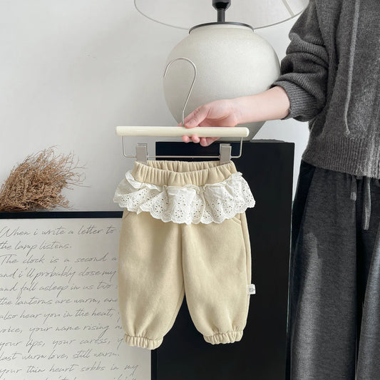 ロングパンツ・スウェットパンツ Khaki / 6M 66CM ベビーパンツ レースフリルペプラム裏フリースロングスウェットパンツ【mh0008046】