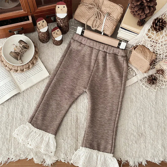 レギンスパンツ Khaki / 6M 66CM ベビーパンツ 裾レース裏フリース厚手ガーリーレギンスパンツ【mh0008092】