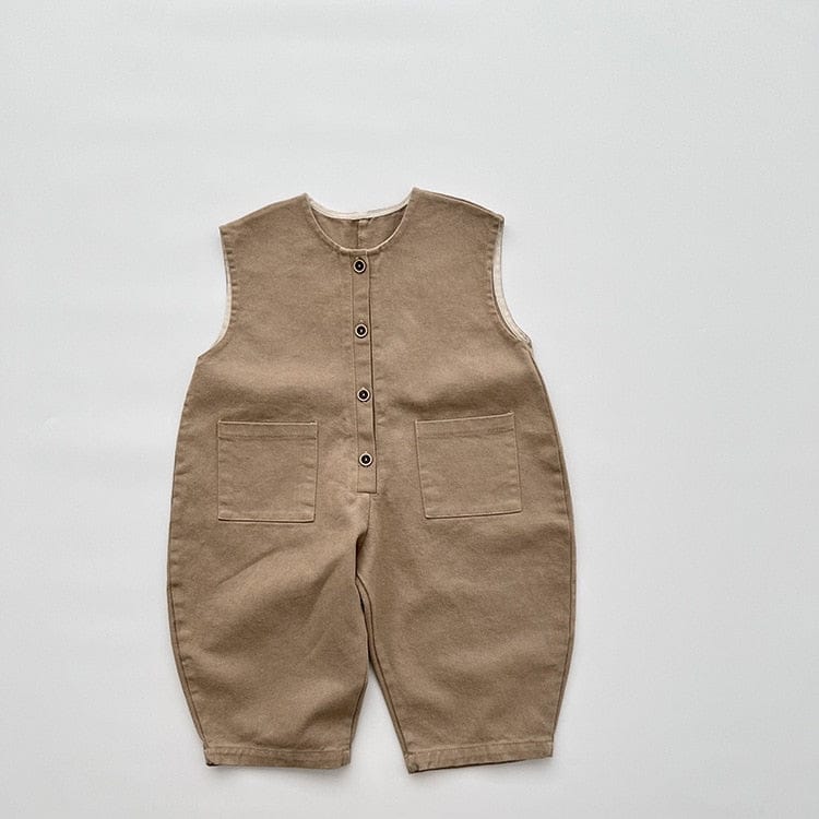 ノースリーブジャンプスーツ khaki / 80cm キッズ ノースリーブジャンプスーツ ワンジー つなぎ 無地 カーキ ダークコーヒー 2カラー ユニセックス 男の子 女の子 子供服 6502C