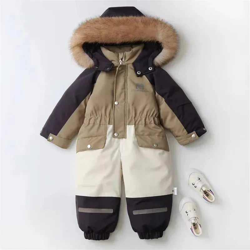 アウタージャンプスーツ Khaki / 90cm キッズスキーウェア パッチワークフーディ防寒ジャンプスーツつなぎ スポーツウェア 3カラー【mh0007611】