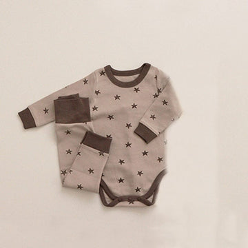 ロンパースセットアップ Khaki Star One-piece Set / 66cm 月ムーン/星スタープリント長袖ボディスーツ+パンツ/とんがりキャップ帽子【mh0010750】