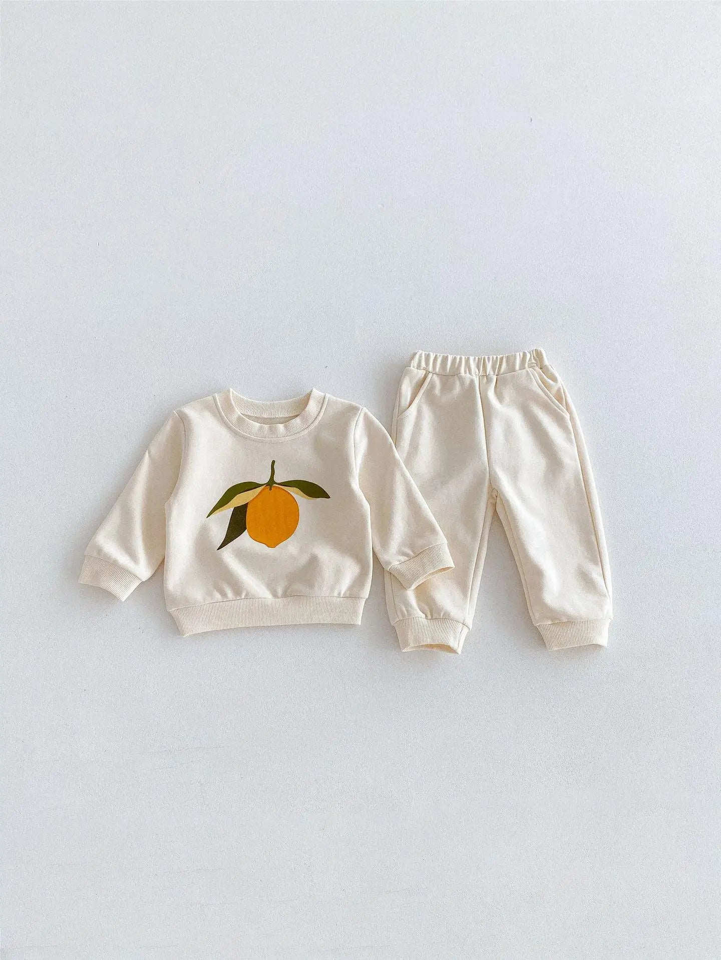 長袖セットアップ lemon set / 9M 73cm ベビーキッズセットアップ 2点セット スウェットシャツ+スウェットパンツ レモン/オレンジプリント