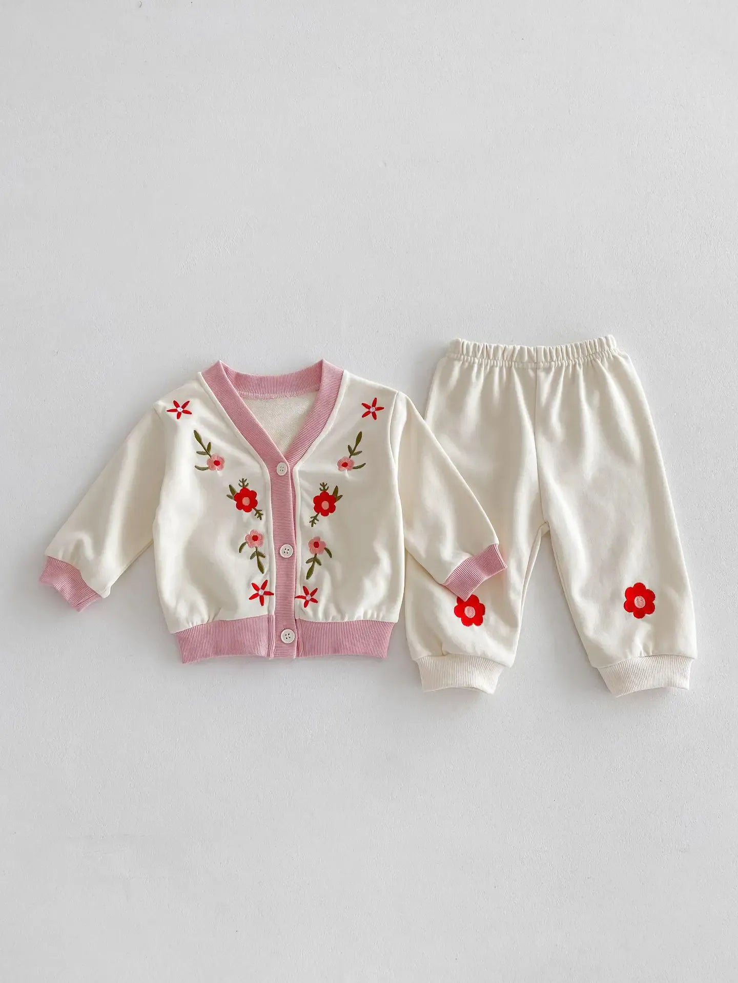 長袖セットアップ light beige / 9M 73cm ベビーセットアップ 2点セット カーディガン+スウェットパンツ フラワー花柄刺繍 2カラー
