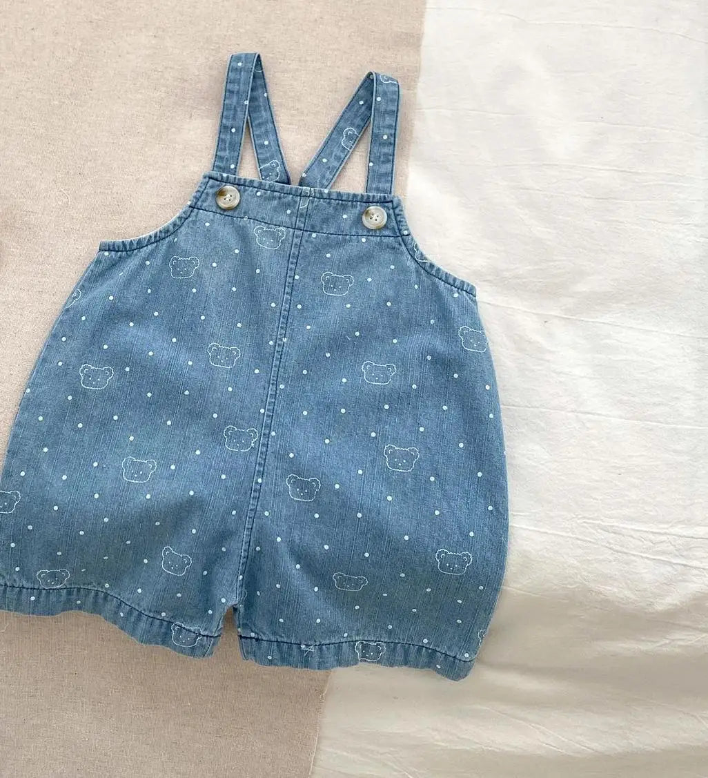 サロペットパンツ・サスペンダーパンツ light blue / 6M 66cm ベビーサロペット デニム サスペンダーパンツ オーバーオール ベアくま水玉ドットプリント 2カラー