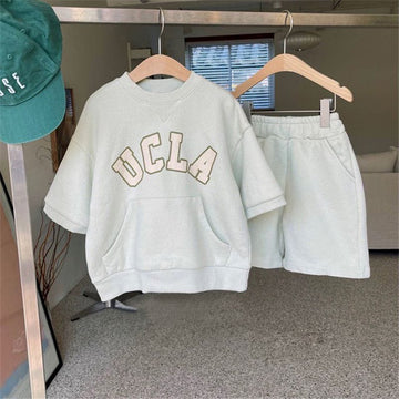半袖セットアップ Light Green / 80cm キッズ UCLA レターロゴ スウェット セットアップ 半袖 トップス ショートパンツ グレー グリーン ユニセックス【mh0002274】