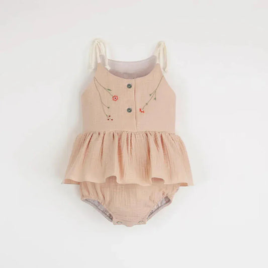 ノースリーブロンパース Light Pink / 0-6 Months 66cm ベビーロンパース キャミソールスカートボディスーツ フラワー花柄刺繍 3カラー【mh0005947】