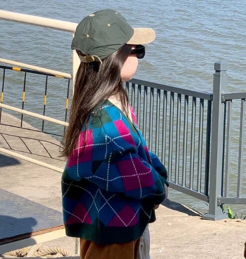 カーディガン・パーカー long sleeve sweater / 90cm キッズベスト カーディガン アーガイルチェック レトロ ニットブルーグリーン ユニセックス 男の子 女の子 子供服 7075