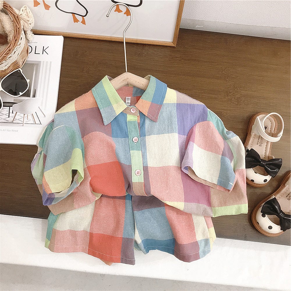 半袖セットアップ キッズ ガールズ ボーイズ セットアップ マドラス チェック 半袖 シャツ ブラウス ショートパンツ バルーンパンツ リンク 兄弟 姉妹 お揃い コーデ【mh0001742】