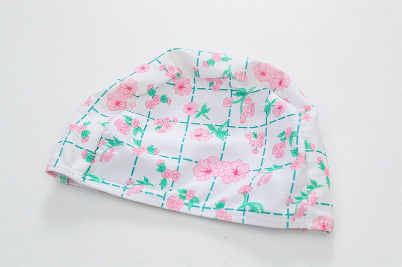 花柄×チェック柄のキッズ用スイムキャップ(長めトップ)