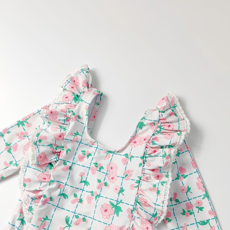 キッズ用長袖フード水着 立体フリル肩まわり チェック×花柄
