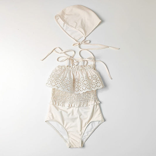 ベビー用水着 キッズ 水着 ワンピース レース フリル シャーリング エレガント 帽子 セット スイムウェア ベージュ ガールズ【mh0002002】