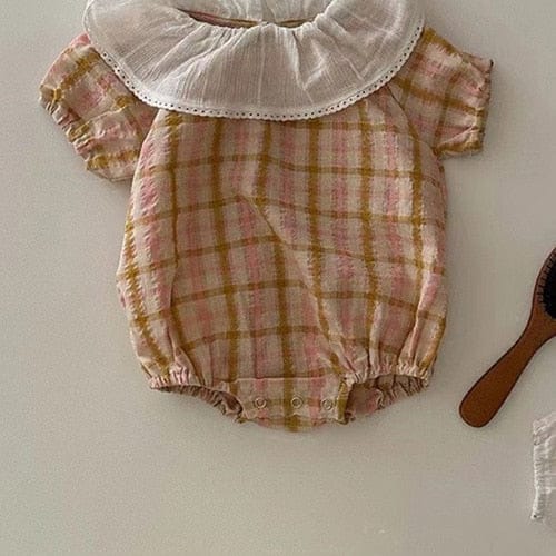 半袖ロンパース ベビー フラワー 小花柄 チェック フリルカラー 半袖 ロンパース ホワイト イエローピンク ガールズ【mh0002041】