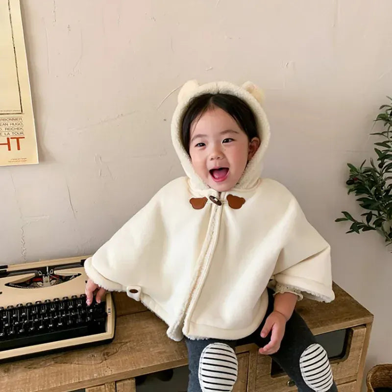 ベビー用耳付きフードポンチョコート ベージュ、くま耳フード、もこもこ裏ボアのマント風