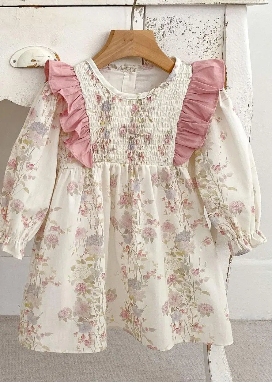 長袖ロンパース ベビーロンパース/キッズワンピース 長袖ショルダーフリル フラワー花柄プリント リンクコーデ 姉妹 お揃いコーデ【mh0005083】