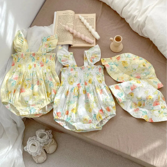 ノースリーブロンパース ベビーロンパース ノースリーブシャーリングボディスーツ+帽子セット フラワー花柄プリント【mh0005107】