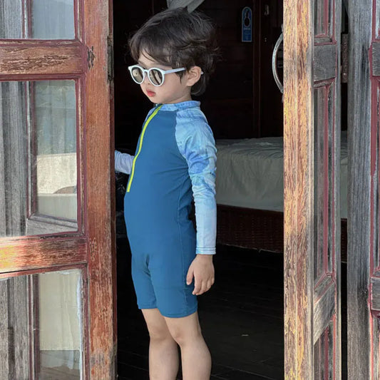 ベビー用水着 キッズ水着 長袖ラッシュガード つなぎ ワンピース スイムウェア ブルー【mh0005112】