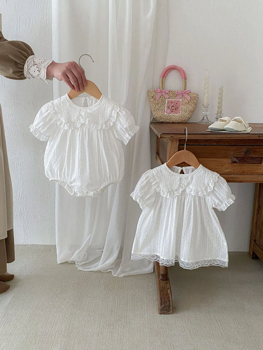 半袖ロンパース ベビーロンパース/キッズワンピース 半袖パフスリーブ レースフリル襟 ホワイト リンクコーデ 姉妹 お揃いコーデ【mh0005457】