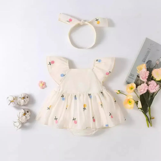 半袖ロンパース ベビーロンパース 半袖フレアスリーブスカートボディスーツ フラワー花柄刺繍 リボンヘアバンドセット【mh0005533】