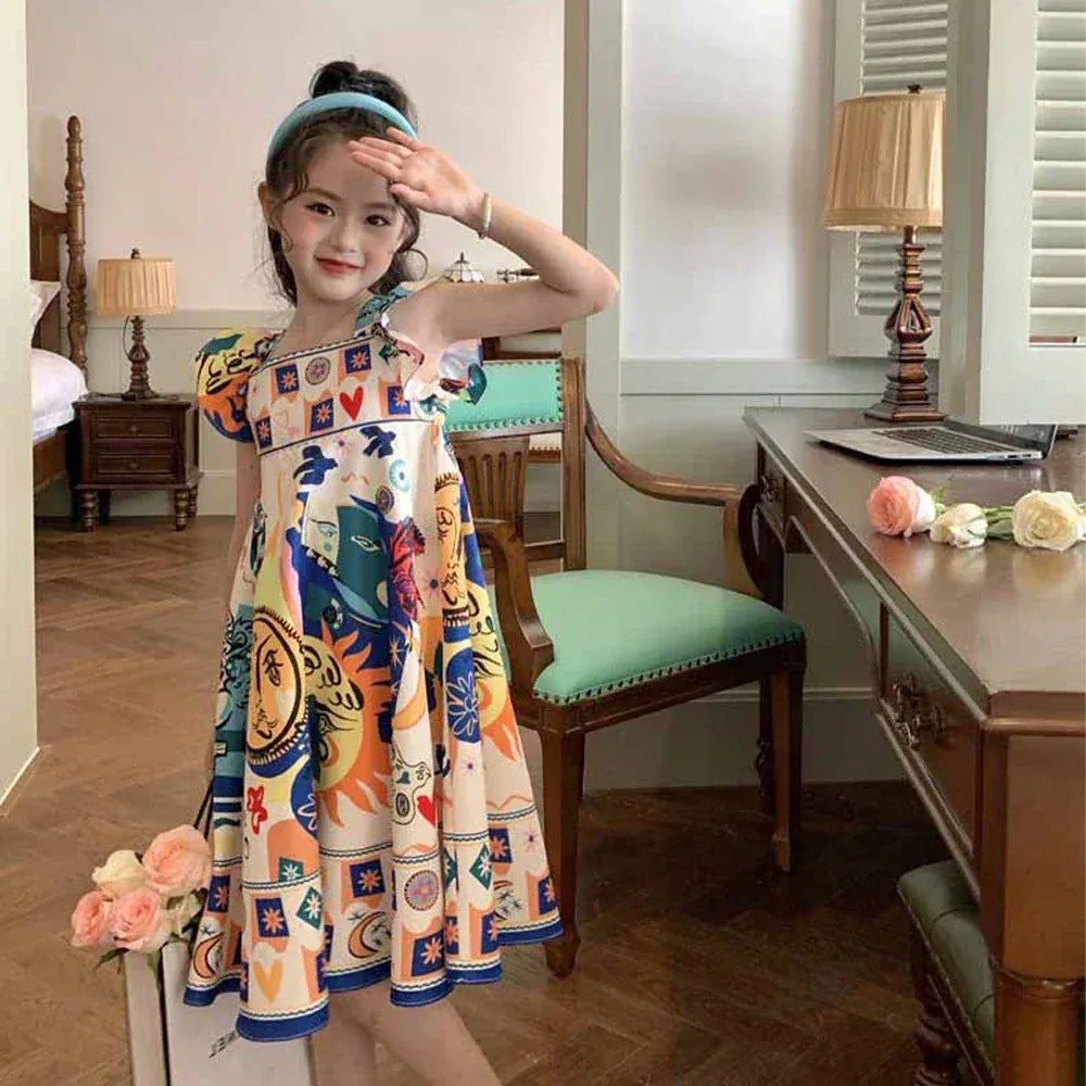 子ども用サマーワンピース フリルショルダー、カラフルプリントと青い裾の縁取り