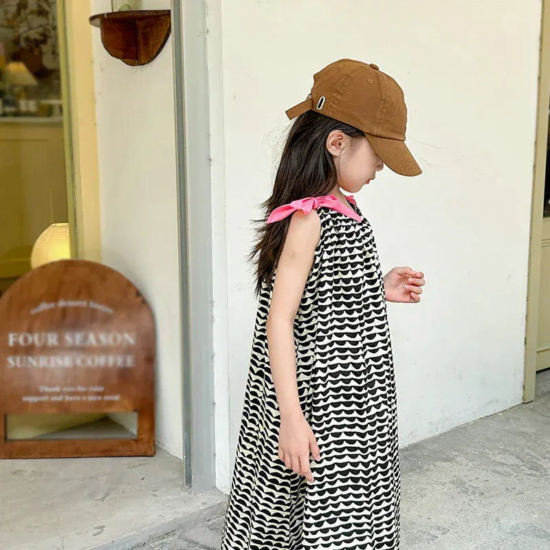 ノースリーブワンピース キッズワンピース キャミソールサマードレス 幾何学プリント リボンショルダー【mh0005725】