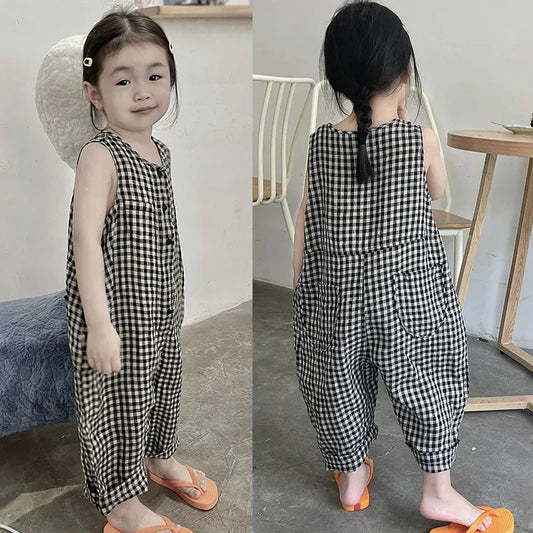 ノースリーブジャンプスーツ キッズジャンプスーツ チェック ノースリーブつなぎ オーバーオール【mh0005788】