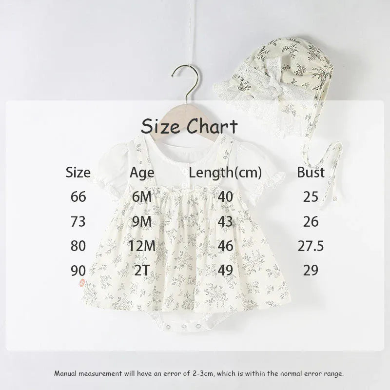 半袖ロンパース ベビーロンパース 帽子セット 半袖ドッキングスカートボディスーツ フラワー花柄プリント レースフリルボンネットセット【mh0005868】