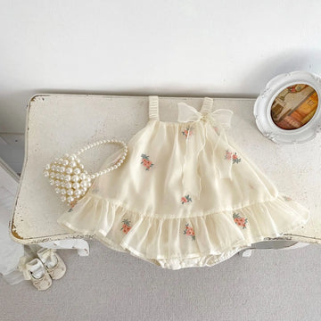 ノースリーブワンピース ベビーロンパース キャミソール シフォンドレスワンピース フラワー花柄刺繍 アイボリー【mh0006055】