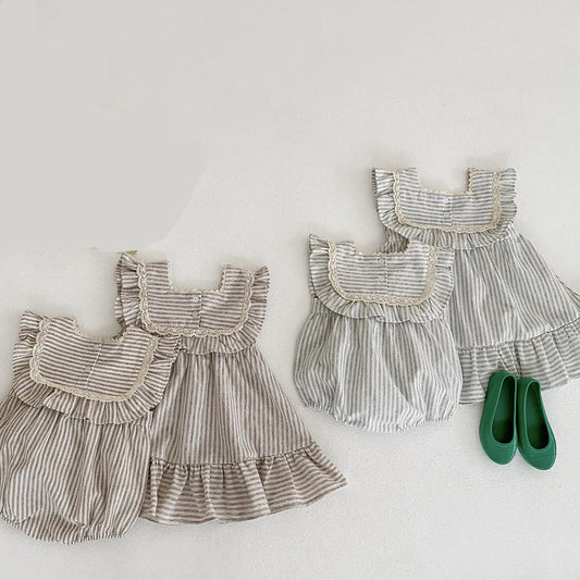 ノースリーブロンパース ベビーロンパース/キッズワンピース ノースリーブ ストライプ レースフリル サマードレス リンクコーデ 姉妹 お揃いコーデ【mh0006059】