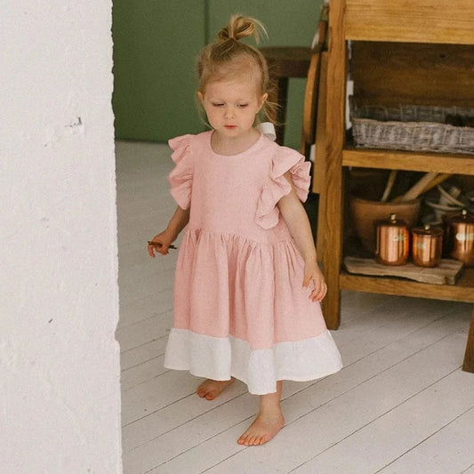 半袖ワンピース キッズワンピース バタフライスリーブ プリンセスドレスワンピース コットンリネン ピンク【mh0006284】
