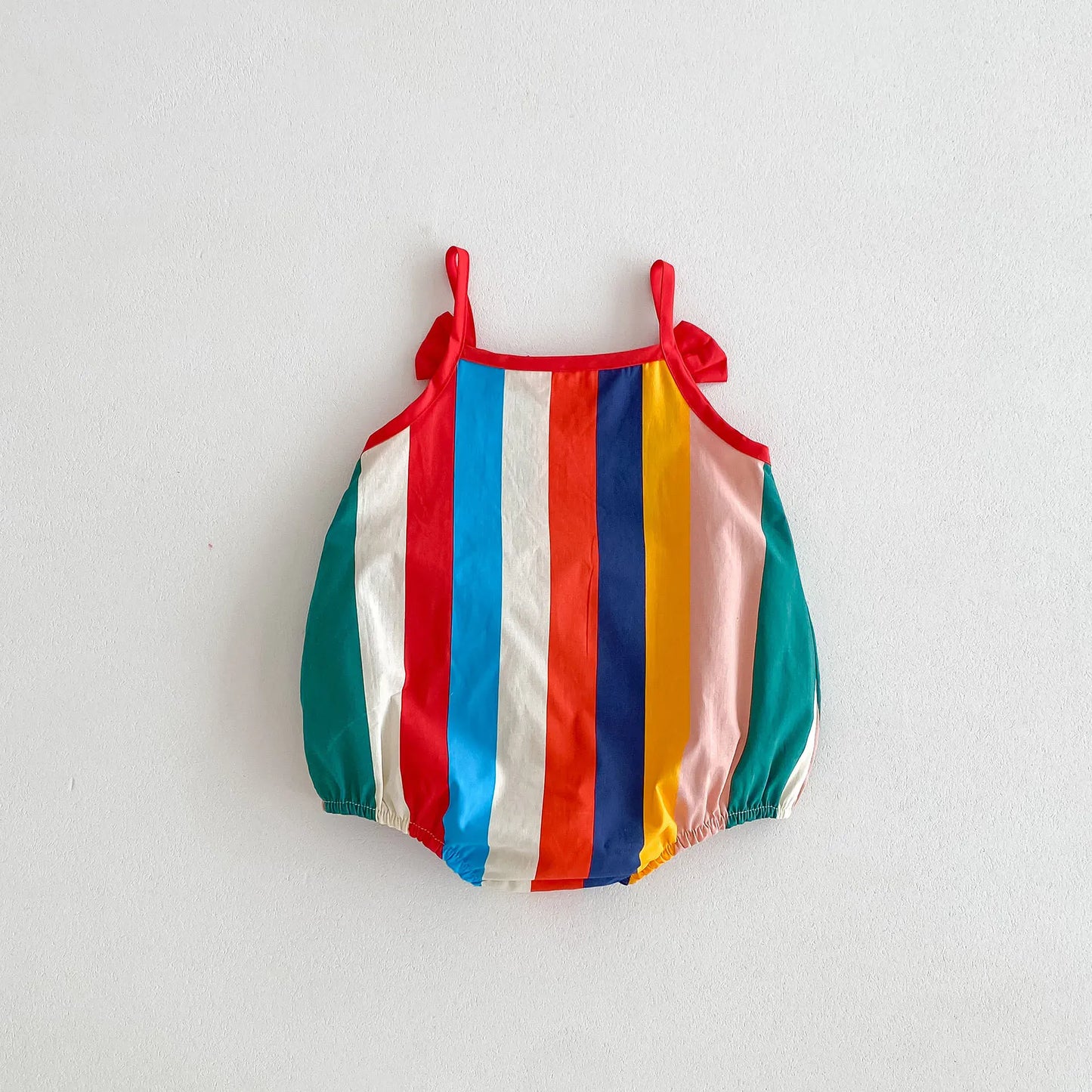 ノースリーブロンパース ベビーロンパース カラフルストライプ キャミソールボディスーツ リボン【mh0006551】