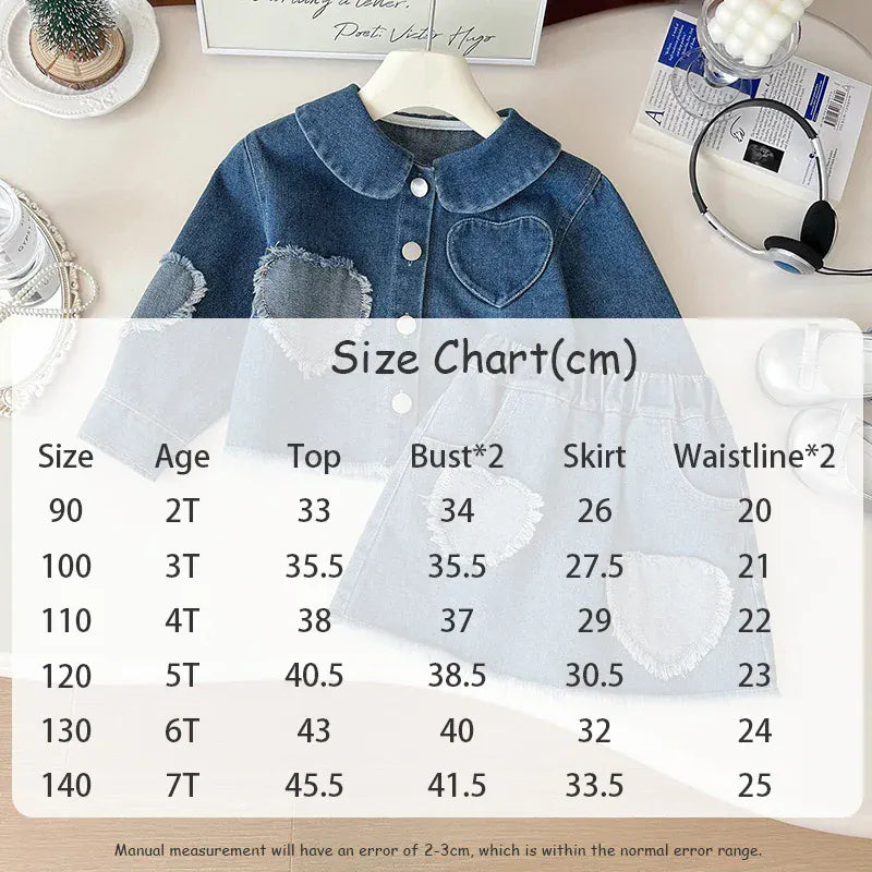 長袖セットアップ キッズセットアップ デニムパッチワーク長袖ブラウス+ハートパッチワークスカート【mh0006936】