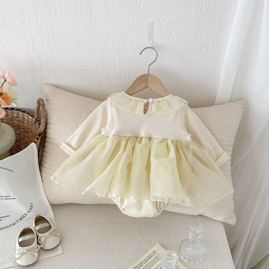 長袖ロンパース ベビーロンパース 丸襟チュールチュチュスカート長袖ドレスロンパース アプリコット【mh0007061】