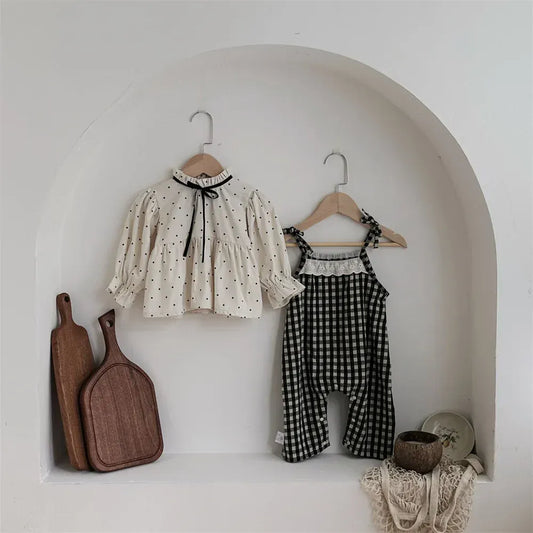 長袖セットアップ ベビートップス/ジャンプスーツ 水玉ドットプリントスタンドフリルカラー長袖チュニックブラウス/チェックサスペンダーサロペットパンツ【mh0007389】