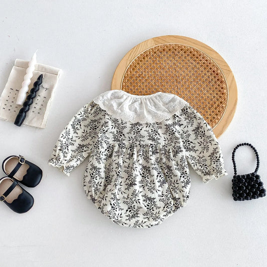 長袖ロンパース ベビーロンパース レース襟フラワープリント長袖ボディスーツ【mh0007400】