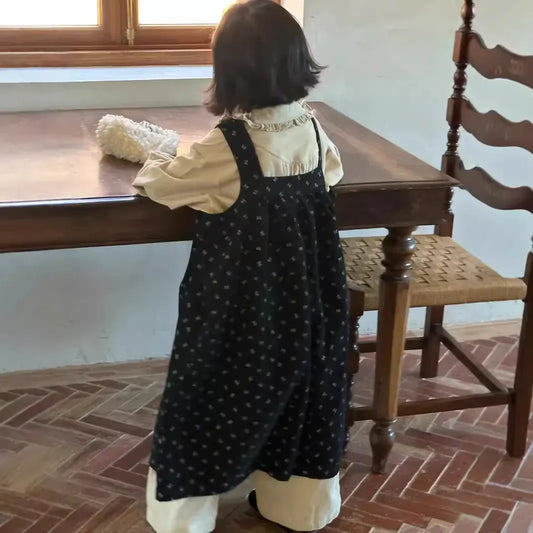 長袖セットアップ キッズトップス/ワンピース フリル丸襟シャツブラウス/フラワープリントサスペンダーワンピース【mh0007421】