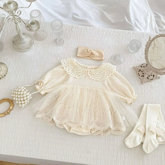 長袖ロンパース ベビーロンパース レース襟レーススカートドッキング長袖ボディスーツ セレモニードレス【mh0007460】