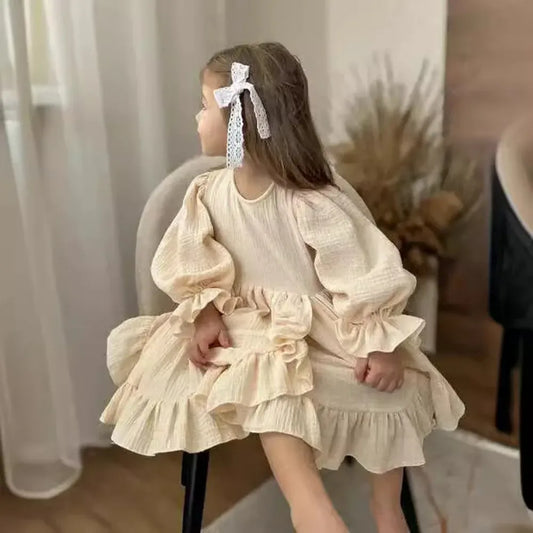 長袖ワンピース キッズワンピース コットンリネンフリルスリットヘム長袖ドレスワンピース ベージュ【mh0007491】