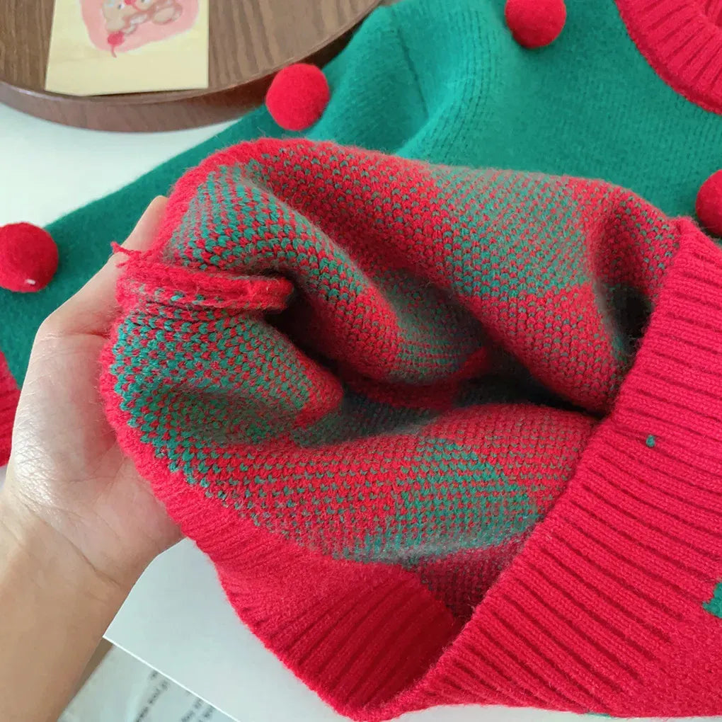 ニット・セーター キッズトップス クリスマスカラーチェックぽんぽん付きニットセーター【mh0007558】