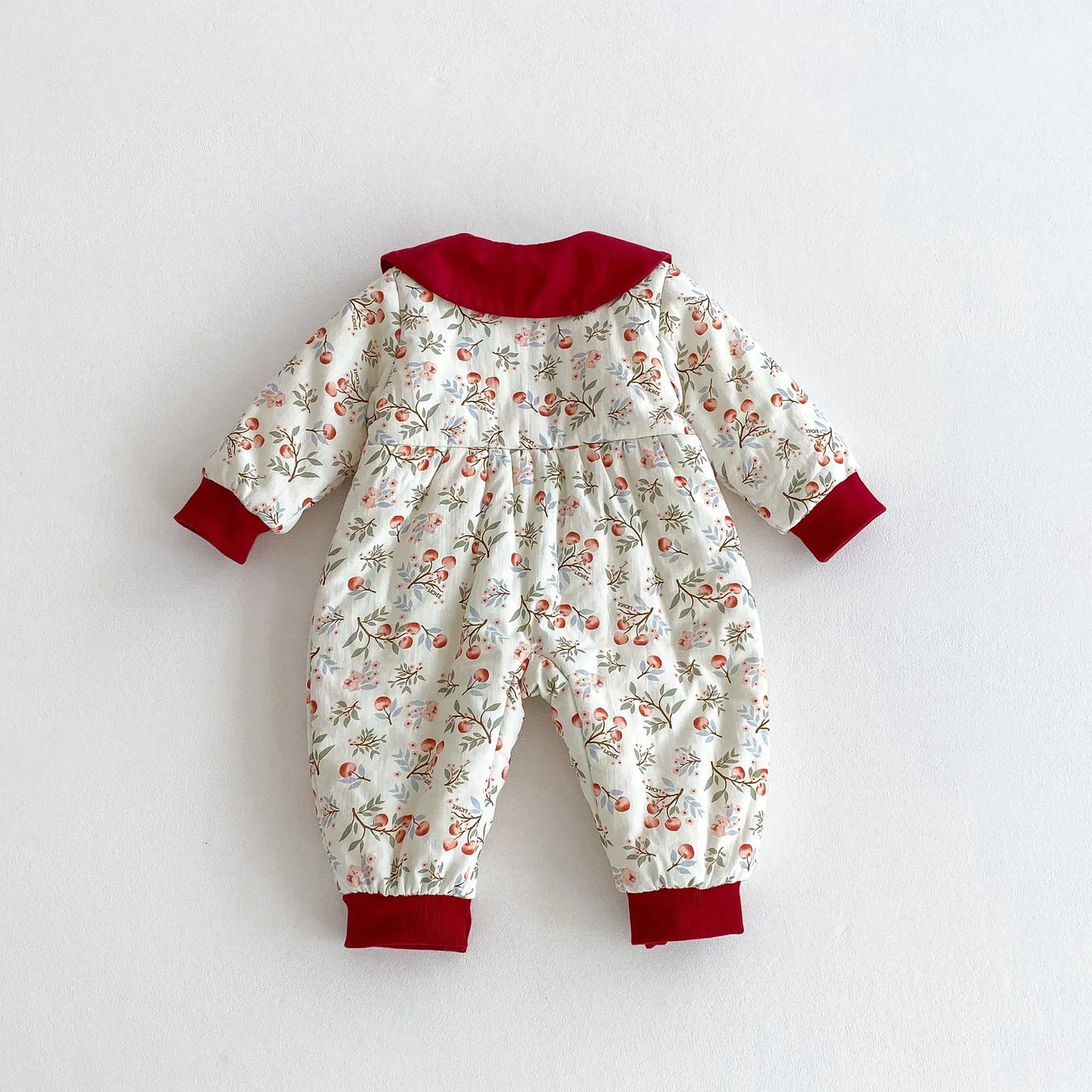 アウタージャンプスーツ ベビーアウタージャンプスーツ チェリーさくらんぼプリントリボン襟付き長袖厚手ロンパース【mh0007613】