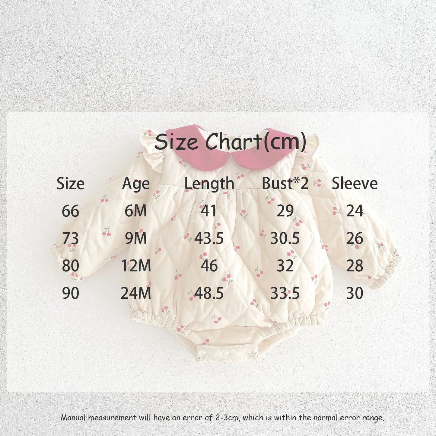 長袖ロンパース ベビーロンパース チェリープリントフリルショルダー裏フリースキルティング長袖ボディスーツ【mh0007707】