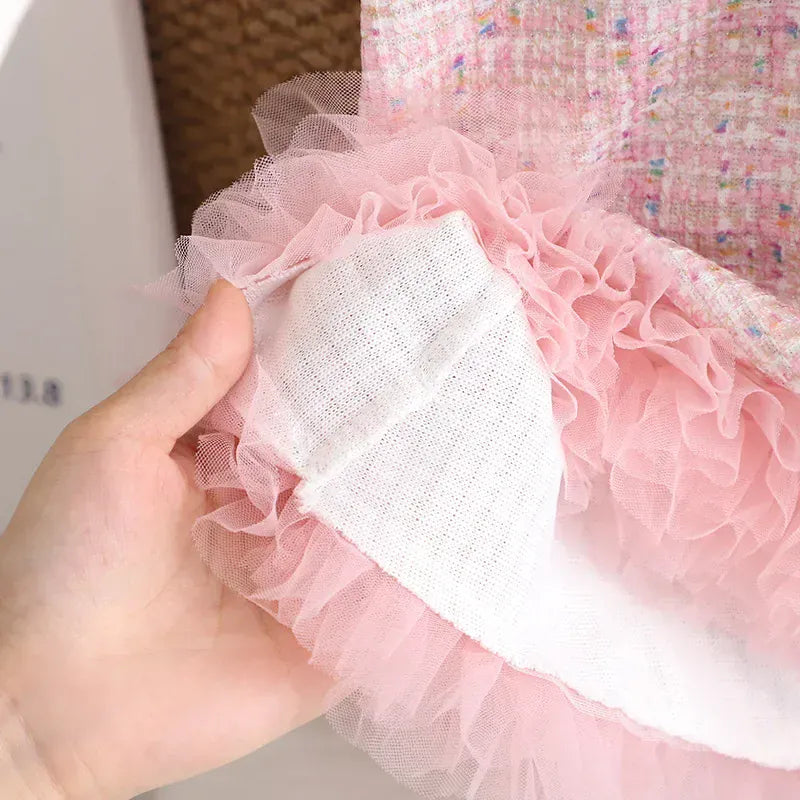 長袖ワンピース ベビーキッズワンピース チュール裾ツイード風長袖セータードッキングワンピース【mh0007715】