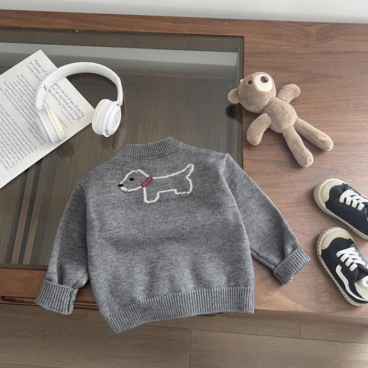 長袖セットアップ ベビーキッズカーディガン/パンツ 犬ドッグ刺繍ニットカーディガンジャケット/くまぬいぐるみデニムパンツ【mh0007741】