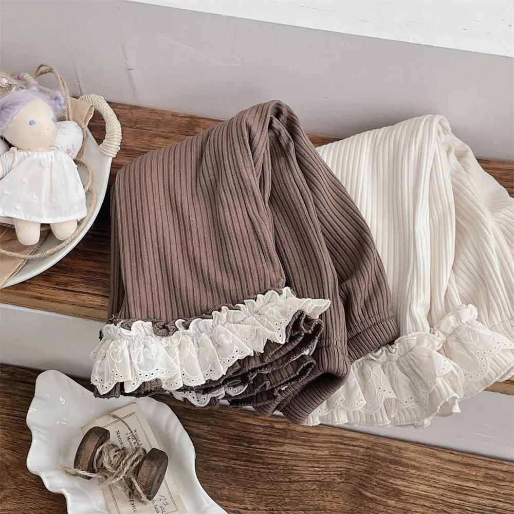 レギンスパンツ ベビーパンツ 裾ボリュームレースフリル裏フリースリブレギンスパンツ【mh0007866】