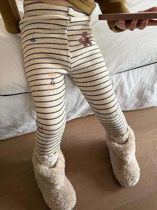 レギンスパンツ キッズパンツ ボーダーベアくまプリント裏フリース厚手レギンスパンツ【mh0008000】