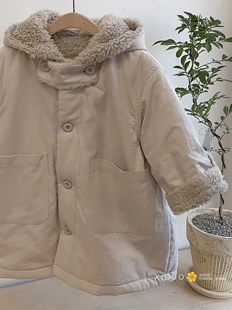 キッズ用裏ボアフリースフーディコート(ベージュ、前ボタン、ボア袖)