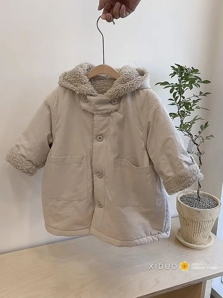キッズ用裏ボアフリースフーディロングコート(ベージュ、フードと袖口ボア)