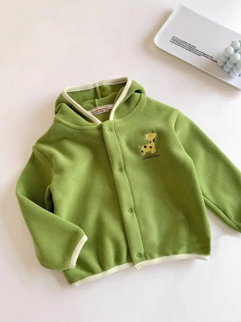 キッズ用フリースフーディ パーカー グリーン、動物ワンポイント刺繍